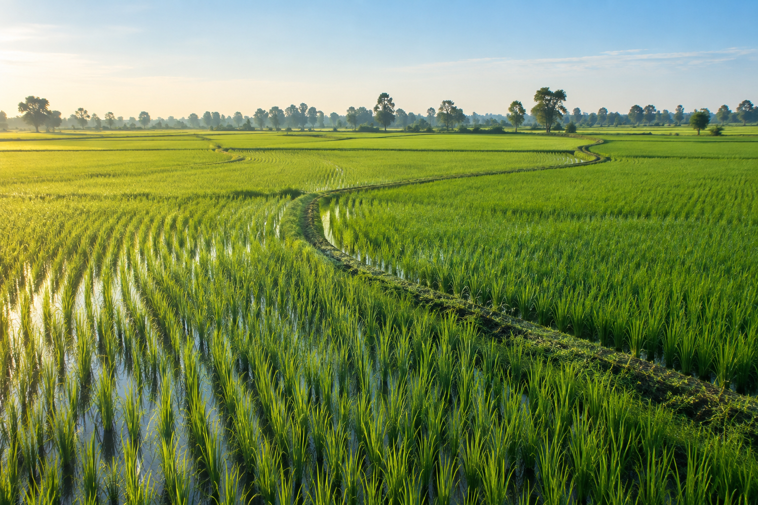 AI-created landscape of sweeping green rice paddies in warm morning light